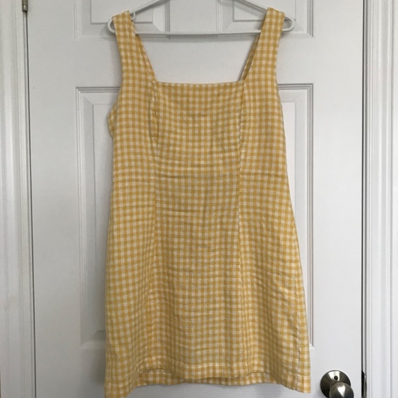 Old Navy Square Neck Linen Blend Mini Dress Yellow Gingham M Petite - Picture 2 of 16